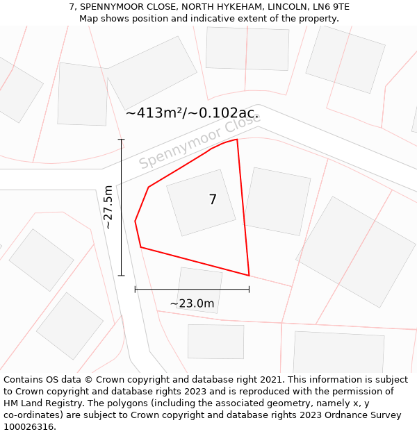 7, SPENNYMOOR CLOSE, NORTH HYKEHAM, LINCOLN, LN6 9TE: Plot and title map