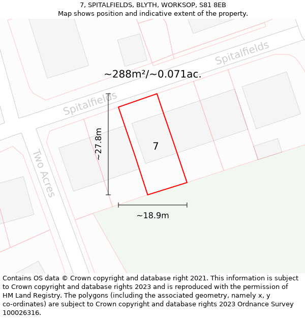 7, SPITALFIELDS, BLYTH, WORKSOP, S81 8EB: Plot and title map