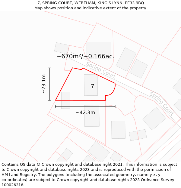 7, SPRING COURT, WEREHAM, KING'S LYNN, PE33 9BQ: Plot and title map