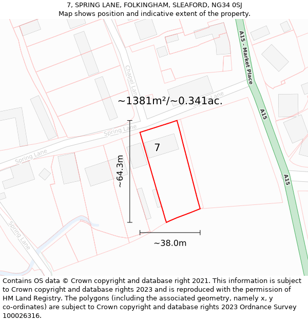 7, SPRING LANE, FOLKINGHAM, SLEAFORD, NG34 0SJ: Plot and title map