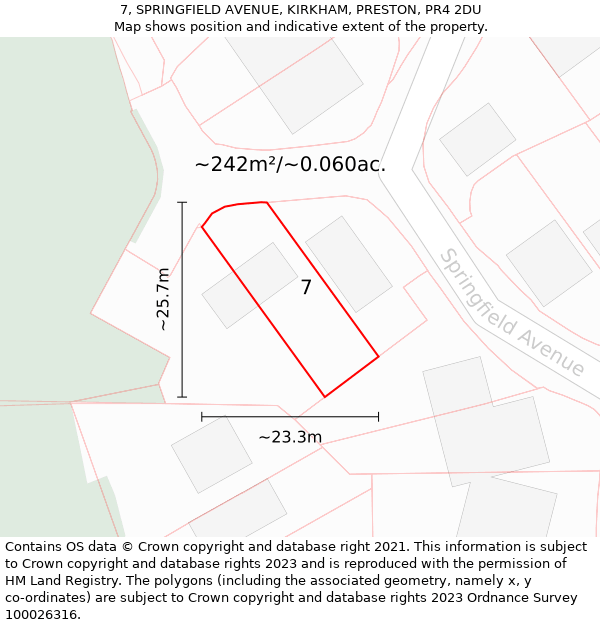 7, SPRINGFIELD AVENUE, KIRKHAM, PRESTON, PR4 2DU: Plot and title map