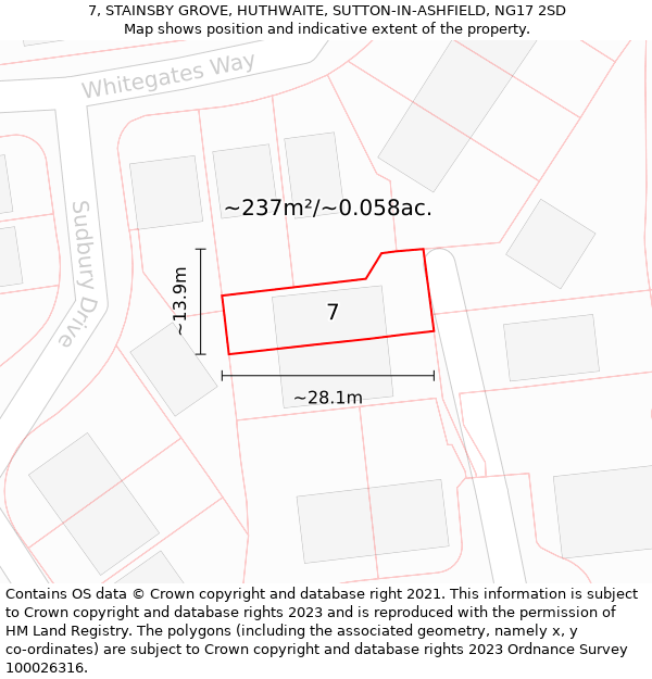 7, STAINSBY GROVE, HUTHWAITE, SUTTON-IN-ASHFIELD, NG17 2SD: Plot and title map