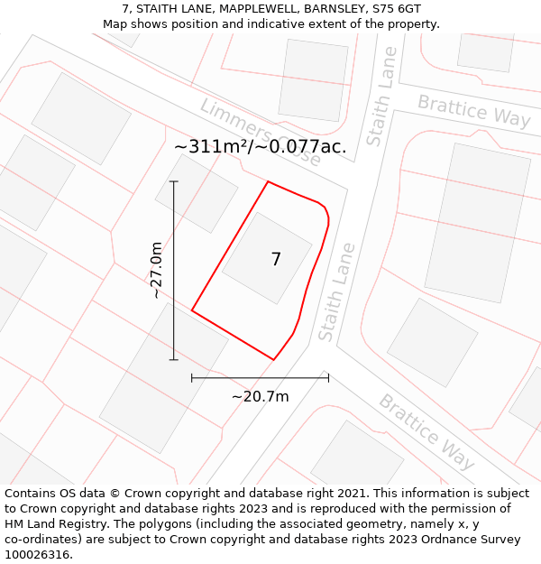 7, STAITH LANE, MAPPLEWELL, BARNSLEY, S75 6GT: Plot and title map