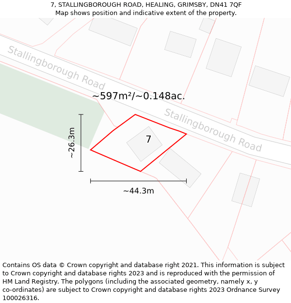 7, STALLINGBOROUGH ROAD, HEALING, GRIMSBY, DN41 7QF: Plot and title map