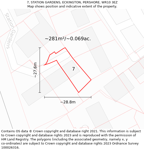 7, STATION GARDENS, ECKINGTON, PERSHORE, WR10 3EZ: Plot and title map