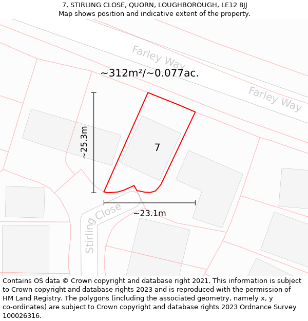 7, STIRLING CLOSE, QUORN, LOUGHBOROUGH, LE12 8JJ: Plot and title map