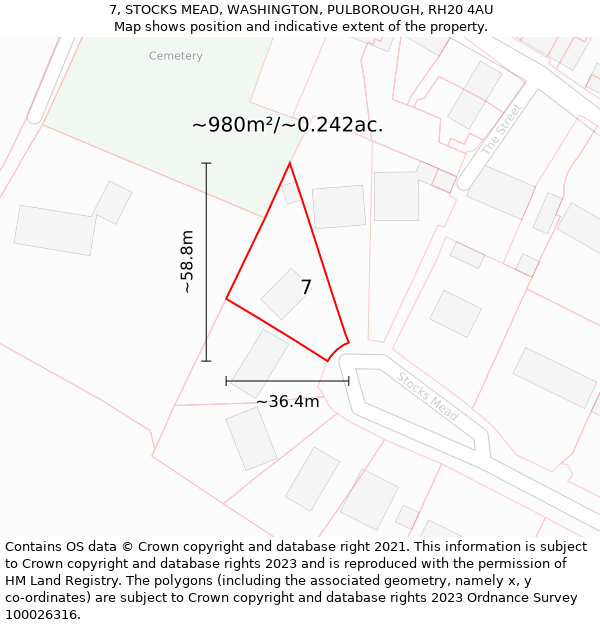 7, STOCKS MEAD, WASHINGTON, PULBOROUGH, RH20 4AU: Plot and title map