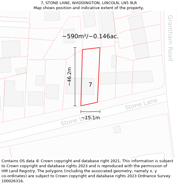 7, STONE LANE, WADDINGTON, LINCOLN, LN5 9LR: Plot and title map