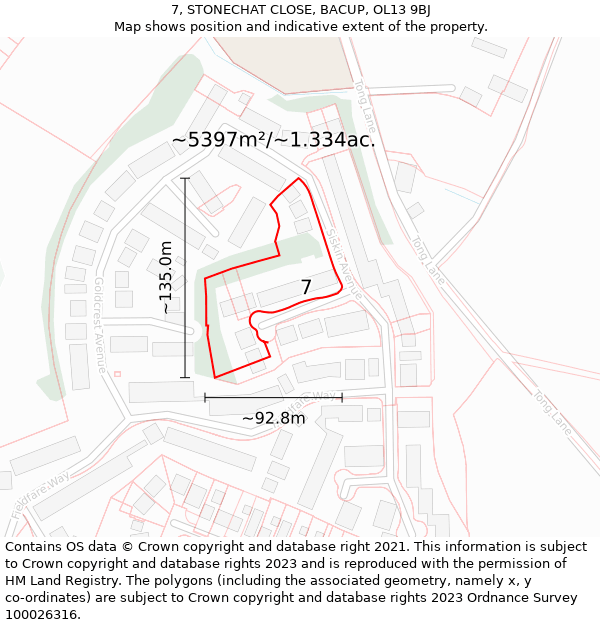 7, STONECHAT CLOSE, BACUP, OL13 9BJ: Plot and title map