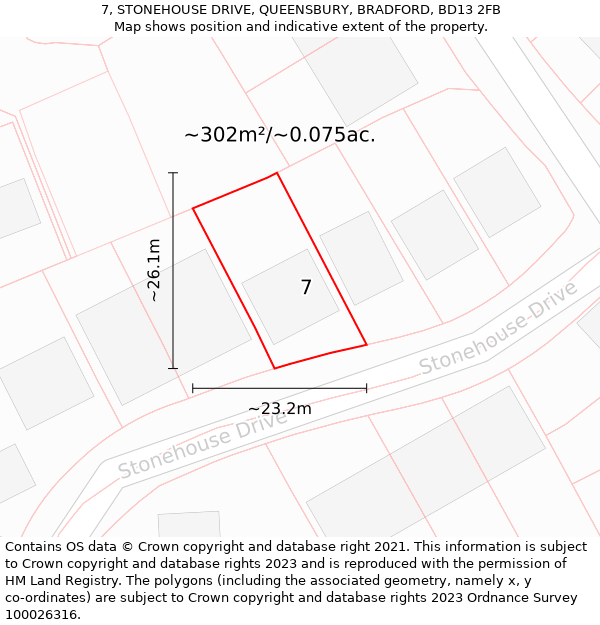 7, STONEHOUSE DRIVE, QUEENSBURY, BRADFORD, BD13 2FB: Plot and title map