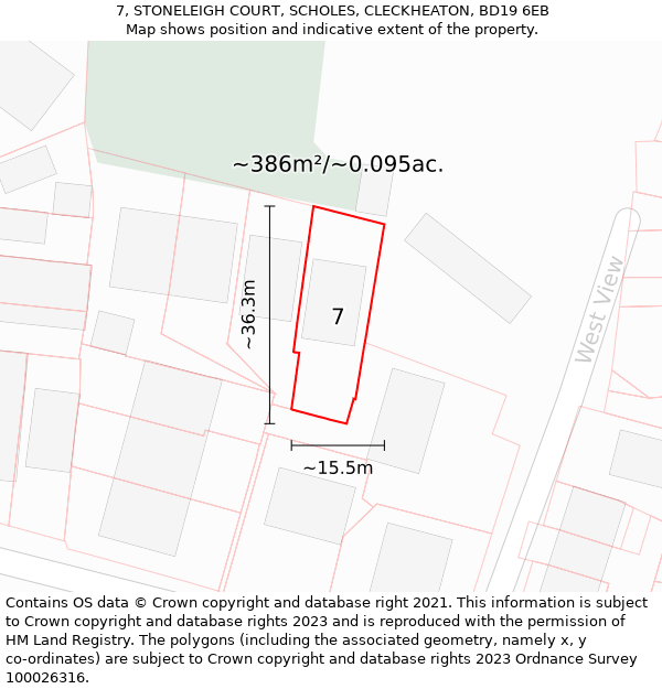 7, STONELEIGH COURT, SCHOLES, CLECKHEATON, BD19 6EB: Plot and title map