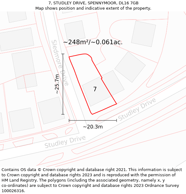 7, STUDLEY DRIVE, SPENNYMOOR, DL16 7GB: Plot and title map