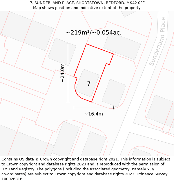 7, SUNDERLAND PLACE, SHORTSTOWN, BEDFORD, MK42 0FE: Plot and title map