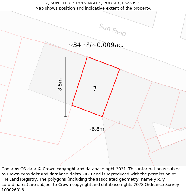 7, SUNFIELD, STANNINGLEY, PUDSEY, LS28 6DE: Plot and title map