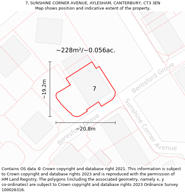 7, SUNSHINE CORNER AVENUE, AYLESHAM, CANTERBURY, CT3 3EN: Plot and title map