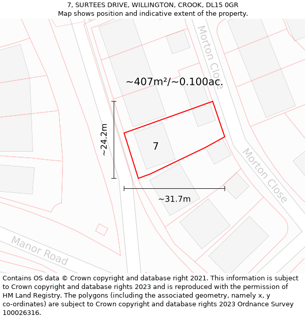 7, SURTEES DRIVE, WILLINGTON, CROOK, DL15 0GR: Plot and title map