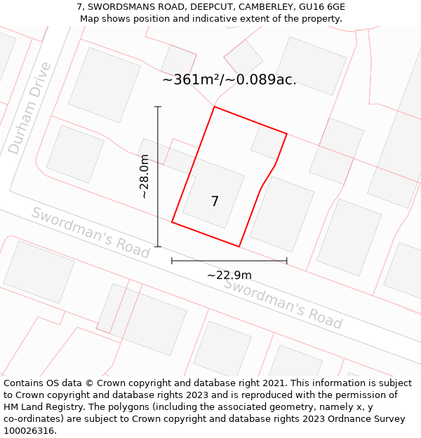 7, SWORDSMANS ROAD, DEEPCUT, CAMBERLEY, GU16 6GE: Plot and title map