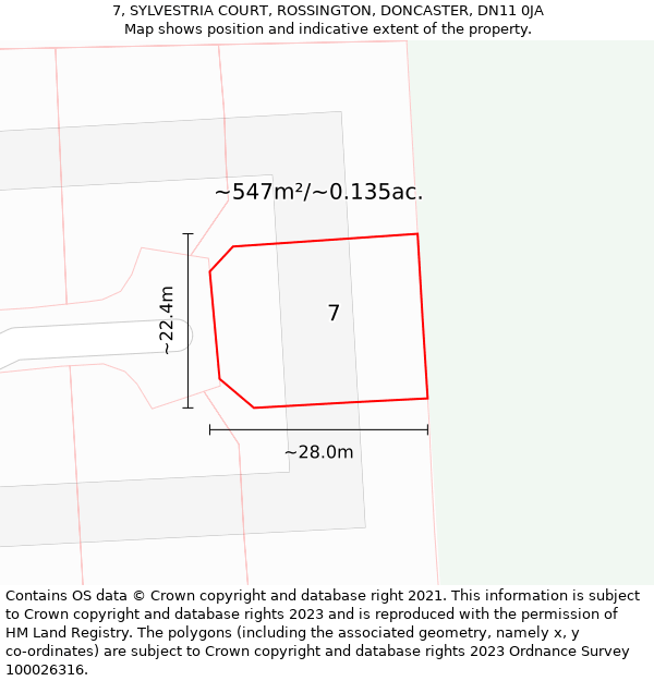 7, SYLVESTRIA COURT, ROSSINGTON, DONCASTER, DN11 0JA: Plot and title map