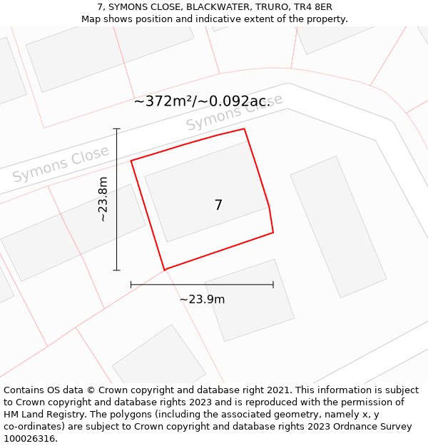 7, SYMONS CLOSE, BLACKWATER, TRURO, TR4 8ER: Plot and title map