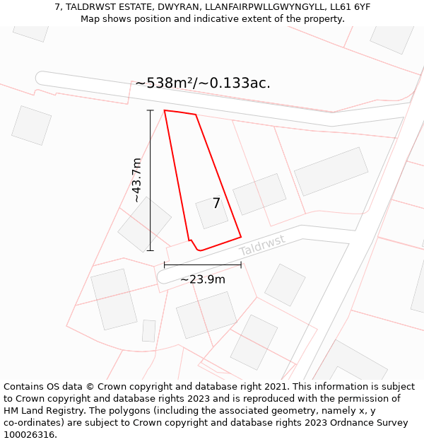 7, TALDRWST ESTATE, DWYRAN, LLANFAIRPWLLGWYNGYLL, LL61 6YF: Plot and title map