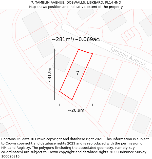 7, TAMBLIN AVENUE, DOBWALLS, LISKEARD, PL14 4ND: Plot and title map