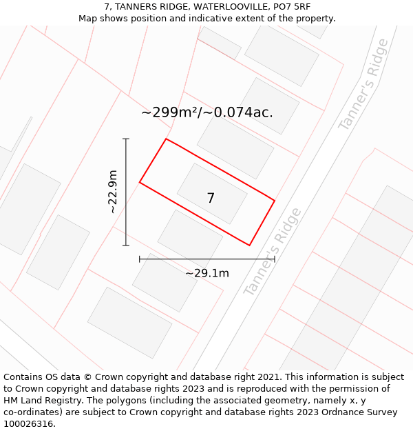 7, TANNERS RIDGE, WATERLOOVILLE, PO7 5RF: Plot and title map