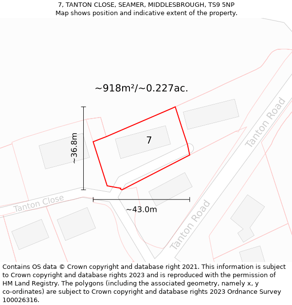 7, TANTON CLOSE, SEAMER, MIDDLESBROUGH, TS9 5NP: Plot and title map