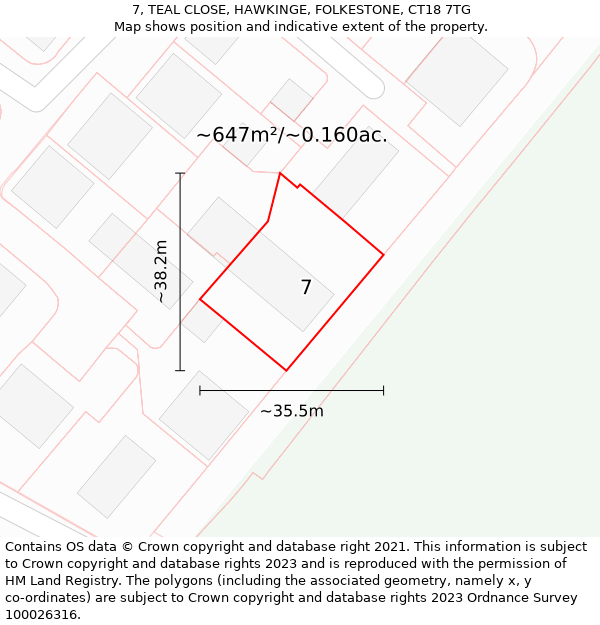 7, TEAL CLOSE, HAWKINGE, FOLKESTONE, CT18 7TG: Plot and title map