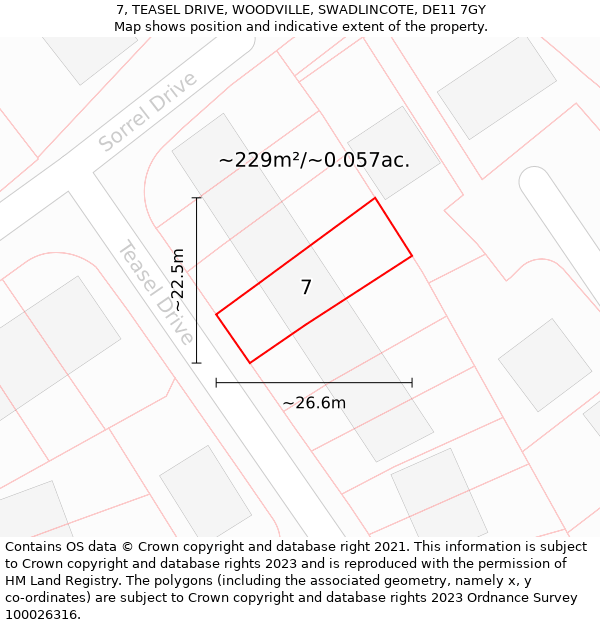 7, TEASEL DRIVE, WOODVILLE, SWADLINCOTE, DE11 7GY: Plot and title map