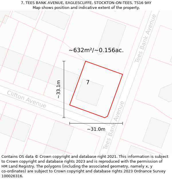 7, TEES BANK AVENUE, EAGLESCLIFFE, STOCKTON-ON-TEES, TS16 9AY: Plot and title map