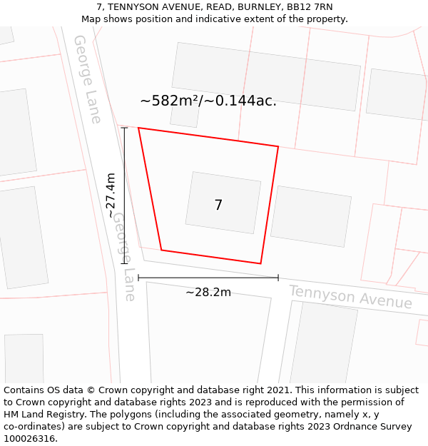 7, TENNYSON AVENUE, READ, BURNLEY, BB12 7RN: Plot and title map