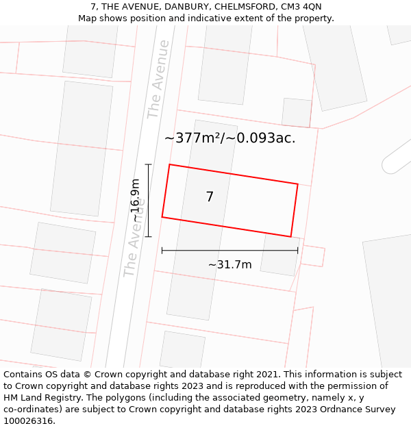 7, THE AVENUE, DANBURY, CHELMSFORD, CM3 4QN: Plot and title map