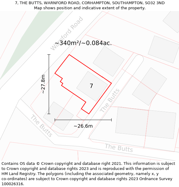 7, THE BUTTS, WARNFORD ROAD, CORHAMPTON, SOUTHAMPTON, SO32 3ND: Plot and title map