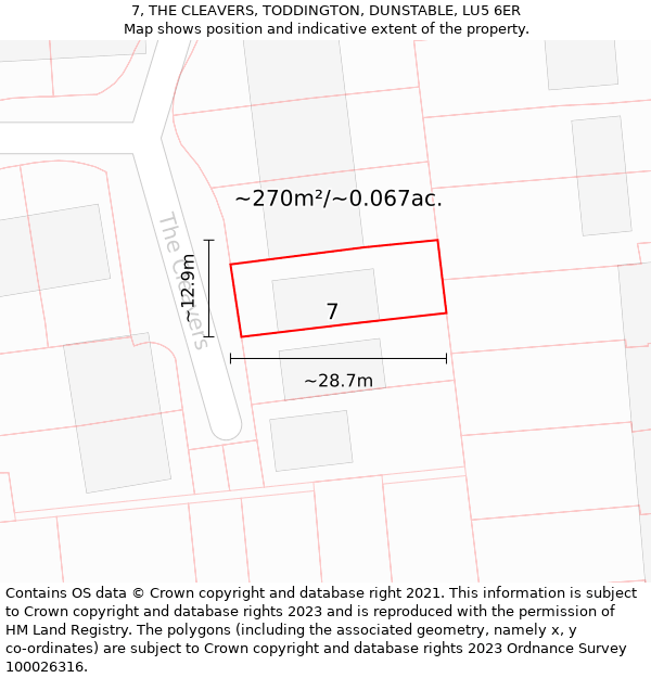 7, THE CLEAVERS, TODDINGTON, DUNSTABLE, LU5 6ER: Plot and title map