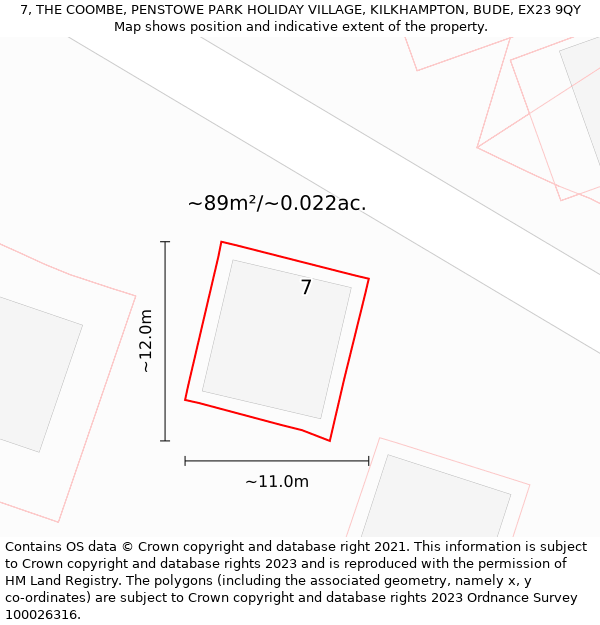 7, THE COOMBE, PENSTOWE PARK HOLIDAY VILLAGE, KILKHAMPTON, BUDE, EX23 9QY: Plot and title map