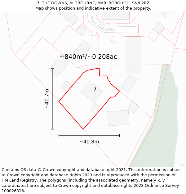 7, THE DOWNS, ALDBOURNE, MARLBOROUGH, SN8 2RZ: Plot and title map