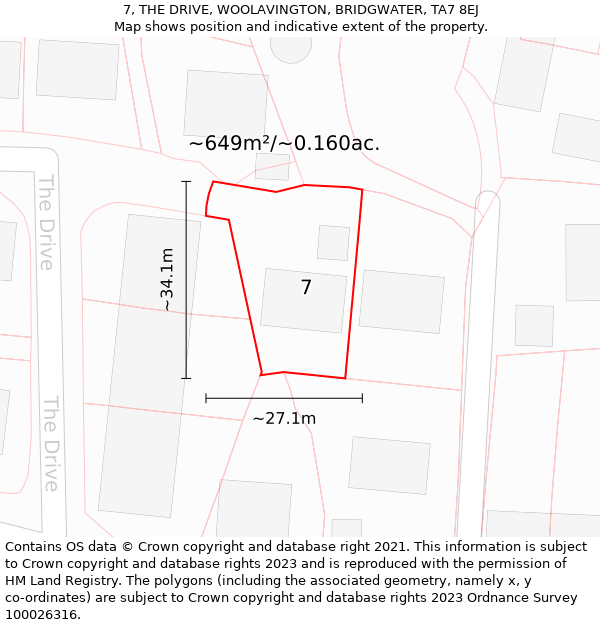 7, THE DRIVE, WOOLAVINGTON, BRIDGWATER, TA7 8EJ: Plot and title map