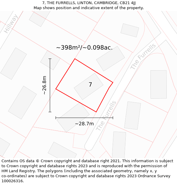 7, THE FURRELLS, LINTON, CAMBRIDGE, CB21 4JJ: Plot and title map