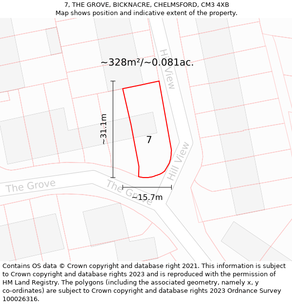 7, THE GROVE, BICKNACRE, CHELMSFORD, CM3 4XB: Plot and title map