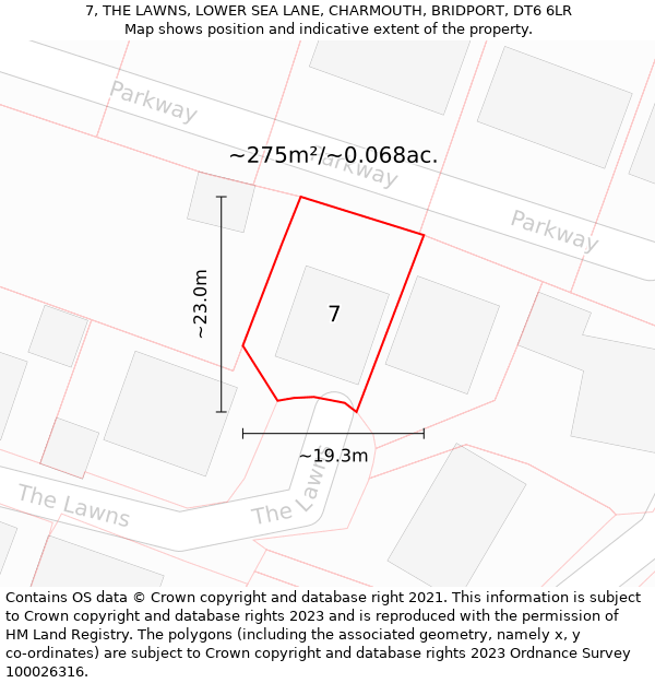 7, THE LAWNS, LOWER SEA LANE, CHARMOUTH, BRIDPORT, DT6 6LR: Plot and title map