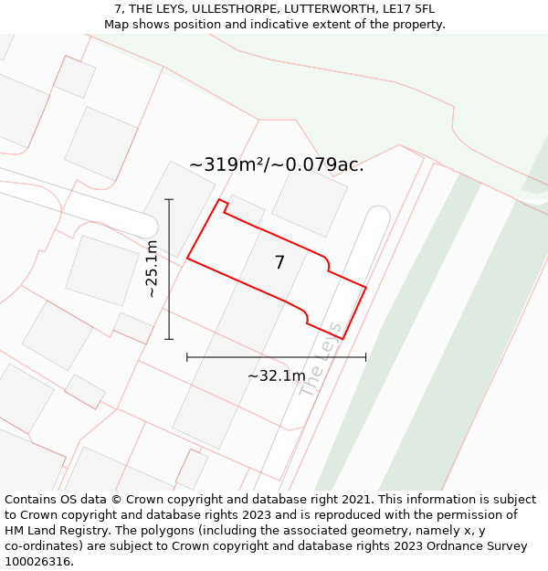 7, THE LEYS, ULLESTHORPE, LUTTERWORTH, LE17 5FL: Plot and title map