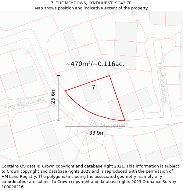 7, THE MEADOWS, LYNDHURST, SO43 7EJ: Plot and title map