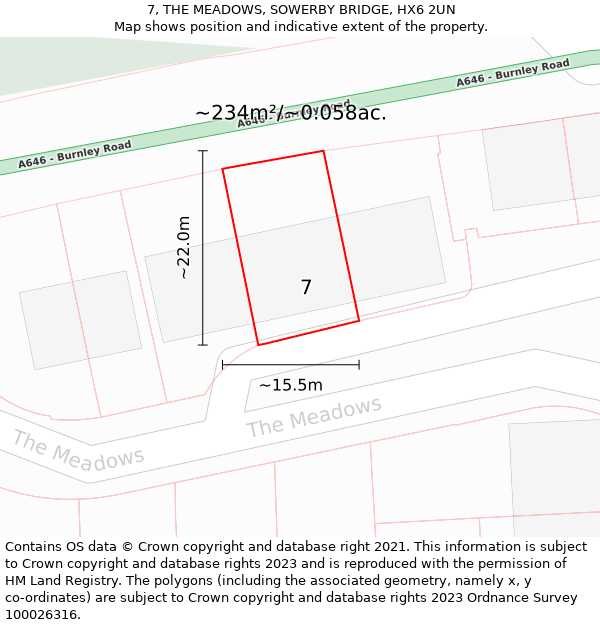 7, THE MEADOWS, SOWERBY BRIDGE, HX6 2UN: Plot and title map