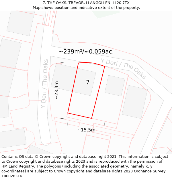 7, THE OAKS, TREVOR, LLANGOLLEN, LL20 7TX: Plot and title map