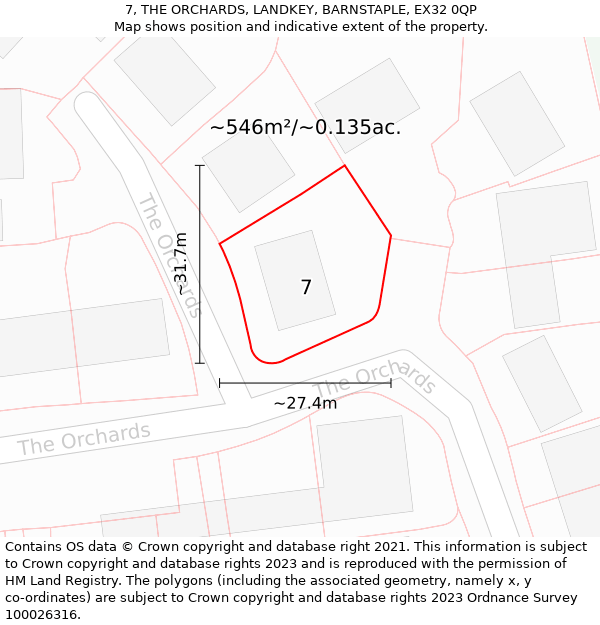 7, THE ORCHARDS, LANDKEY, BARNSTAPLE, EX32 0QP: Plot and title map