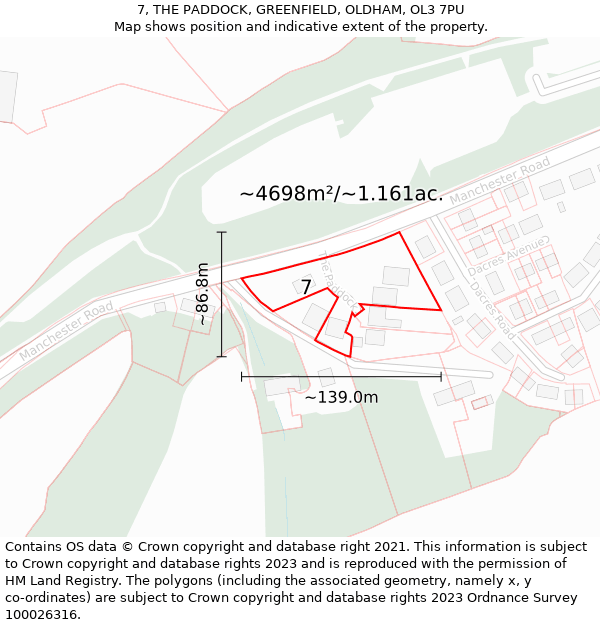 7, THE PADDOCK, GREENFIELD, OLDHAM, OL3 7PU: Plot and title map