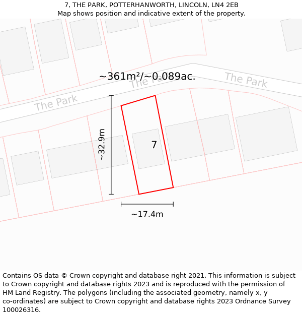 7, THE PARK, POTTERHANWORTH, LINCOLN, LN4 2EB: Plot and title map