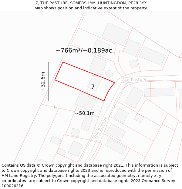 7, THE PASTURE, SOMERSHAM, HUNTINGDON, PE28 3YX: Plot and title map