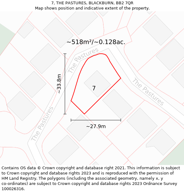 7, THE PASTURES, BLACKBURN, BB2 7QR: Plot and title map