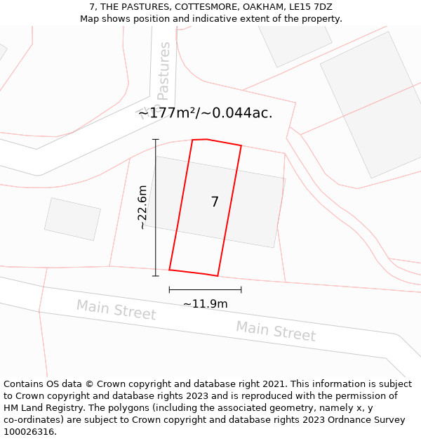 7, THE PASTURES, COTTESMORE, OAKHAM, LE15 7DZ: Plot and title map